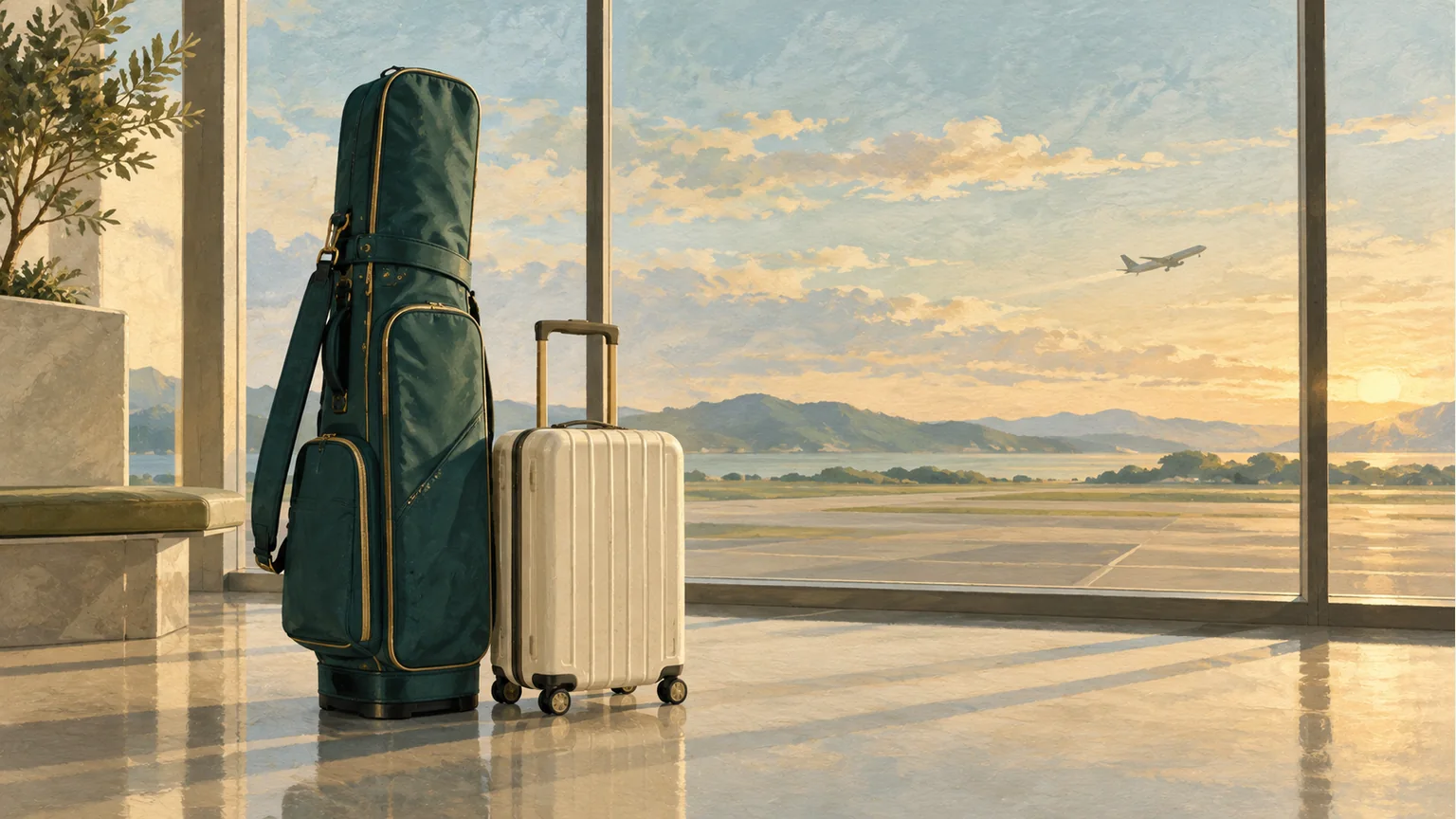 海外遠征をイメージしたゴルフバッグと旅行かばんのイラスト