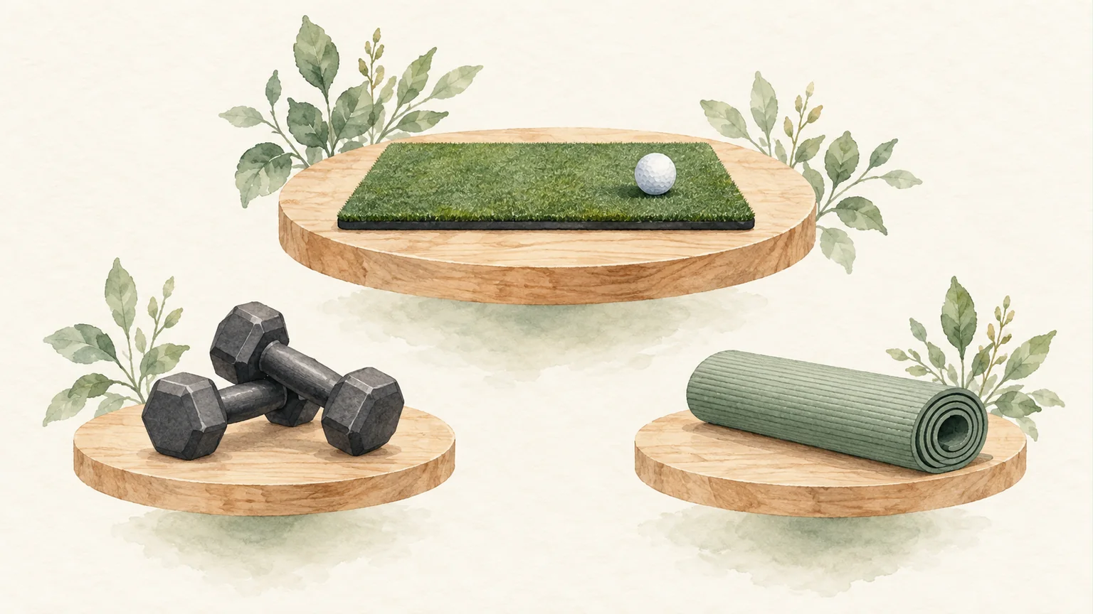 打席マット、ダンベル、運動マットで練習設備の用途を表した概念イラスト