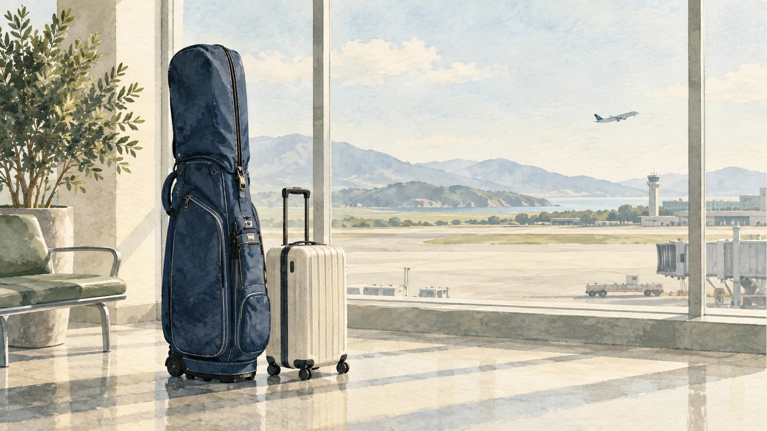 遠征をイメージしたゴルフバッグと旅行鞄のイラスト