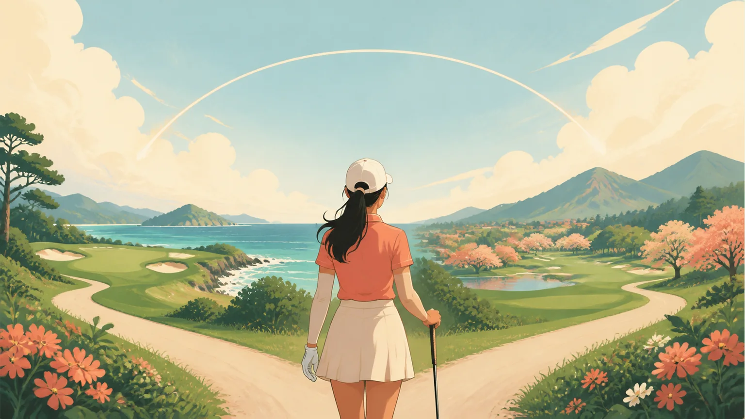 海沿いと山側のゴルフコースへ分かれる道を望む女子ゴルファーのイラスト