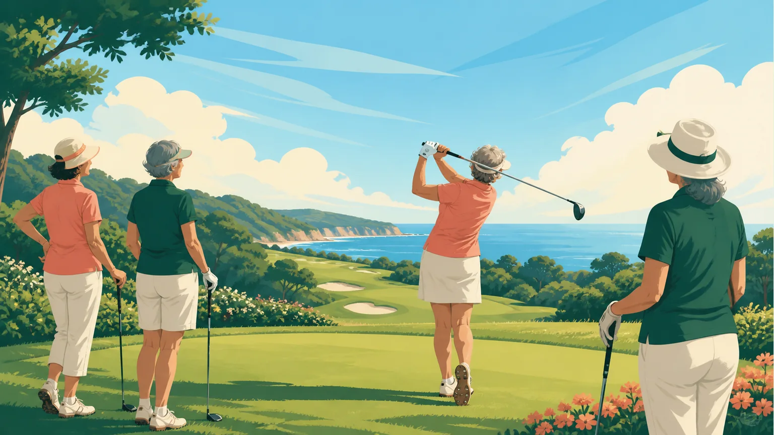 海を望むゴルフコースでシニア世代の女性4人がプレーするイラスト