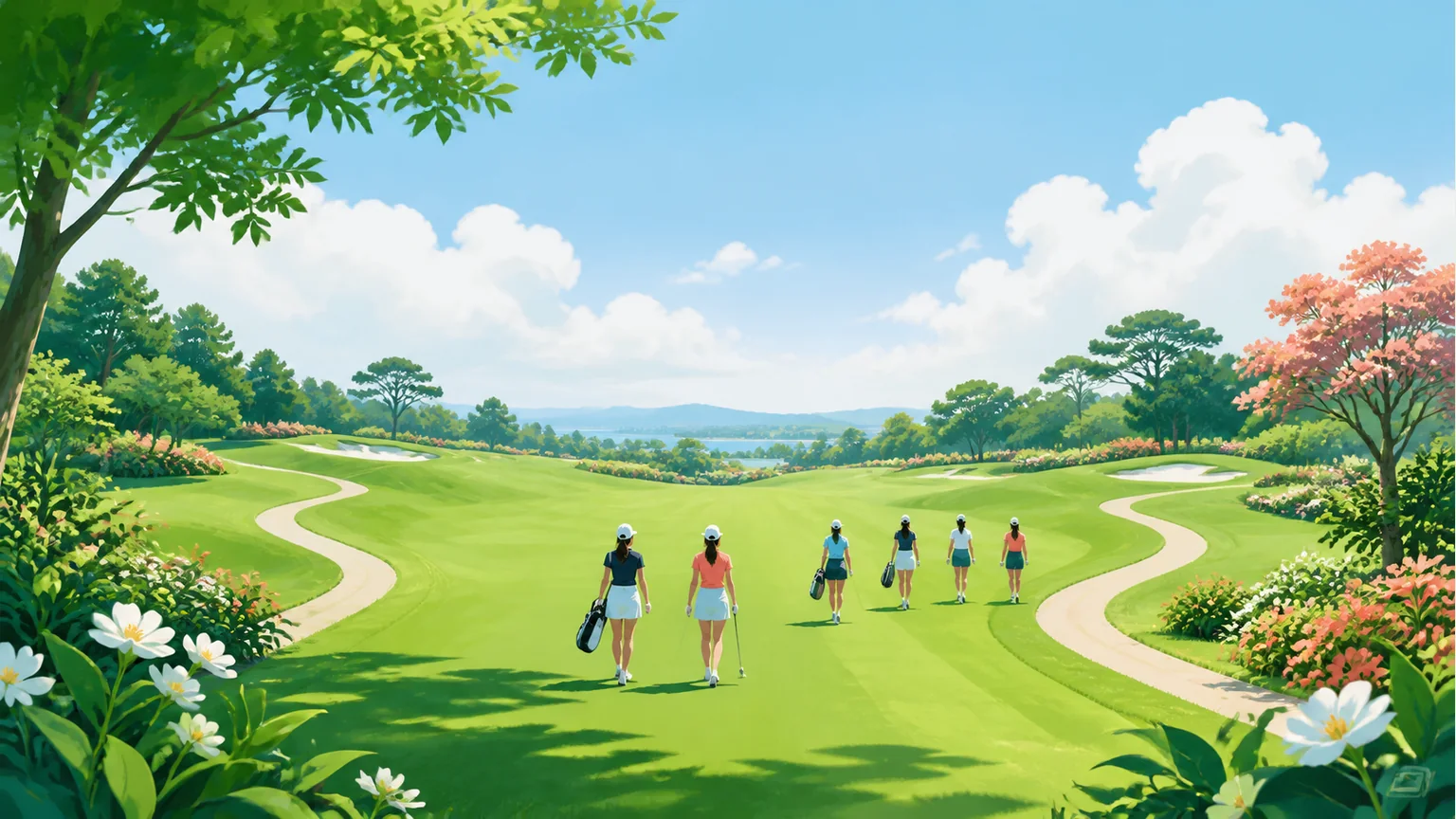 広いフェアウェイを歩く女子ゴルファーたちの後ろ姿を描いたイラスト