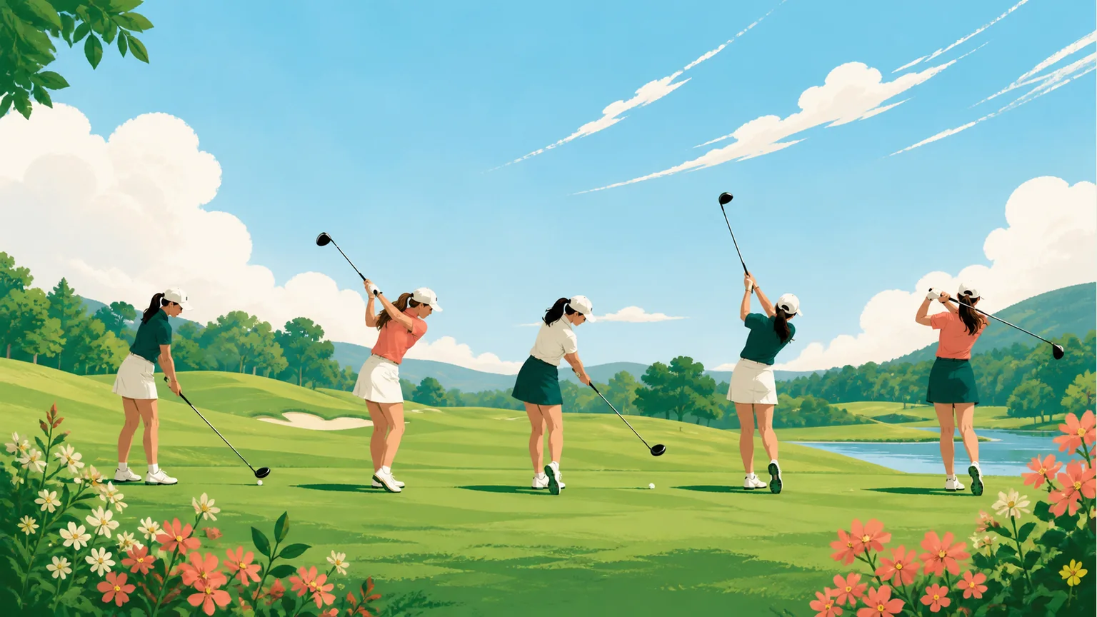 女性ゴルファー5人のスイングの各段階を並べたイラスト